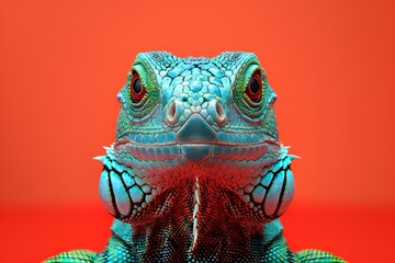 Fototapeta premium Vibrant Green Iguana on Orange Background: Perfect for Wildlife, Nature, and Colorful Theme Posters