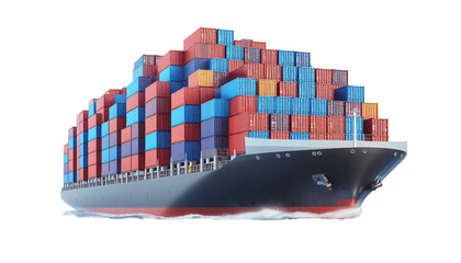 Full cargo ship with containers isolated on transparent background