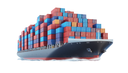Full cargo ship with containers isolated on transparent background