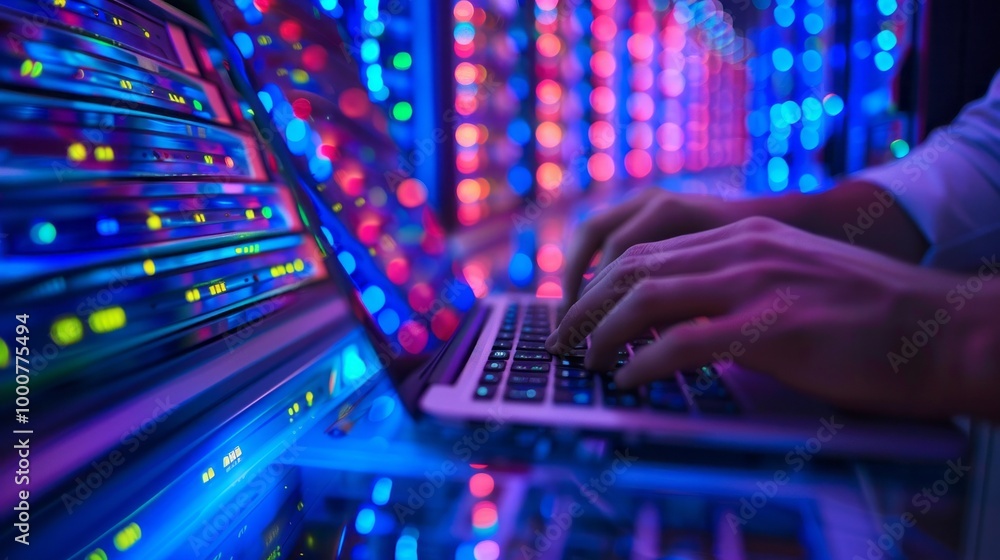 Fototapete a person is typing on a laptop in front of a large display of computer servers