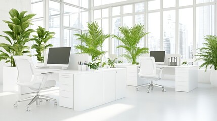 Fototapeta premium Modern, sunlit office with large windows, minimalistic decor, and greenery, creating a fresh and bright workspace.