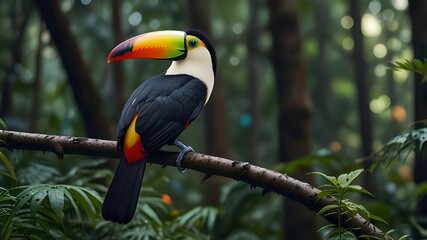 Naklejka premium Toucan sitting on the branch in the forest, green vegetation, full of copy space, colorful wallpaper Generative AI