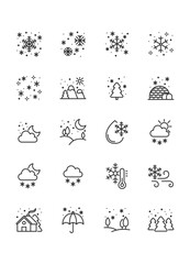 set of winter icons, winter landscape, snowfall, cold weather
