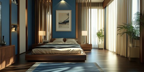 modern blue and cream bedroom with elegant minimalist buffet near wooden vertical panels partition and unique wood floor 