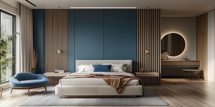 modern blue and cream bedroom with elegant minimalist buffet near wooden vertical panels partition and unique wood floor 