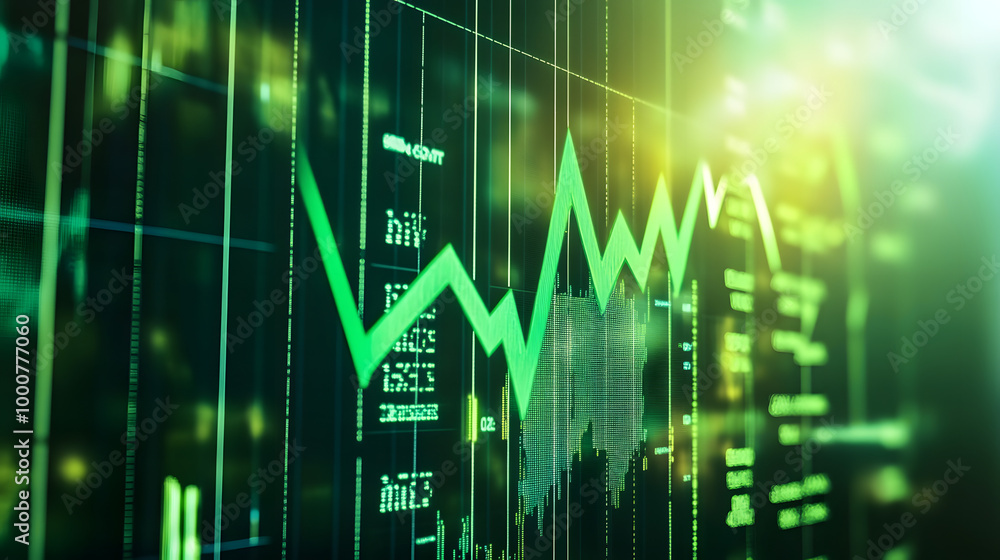Poster green upward trend line on a financial chart with data and numbers on the screen.