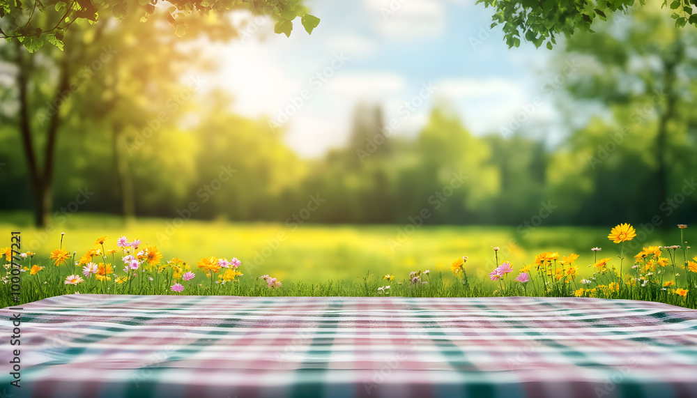 Poster summer nature backdrop with copy space on picnic table