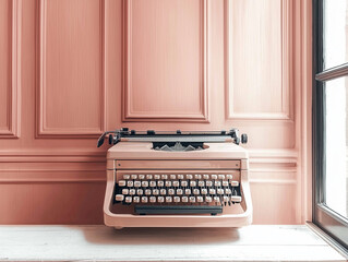 Retro pink typewriter on a vintage wooden shelf