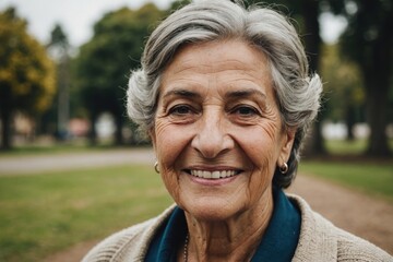 Close portrait of a smiling senior Uruguayan woman looking at the camera, Uruguayan outdoors blurred background