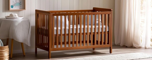 Wooden baby crib in a traditional nursery, timeless design, soft bedding in pastel colors, gentle sunlight, wooden flooring, warm and soothing atmosphere