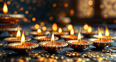 Happy Diwali - Clay Diya lamps lit during Dipavali, Hindu festival of lights celebration.