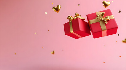 Two red gift boxes with golden ribbon and bow floating in the air with a golden heart shape on a pink background.
