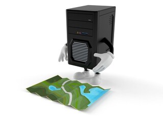 Computer character looking at map