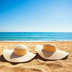 hat and sunglasses on beach. sunset on the beach. sunrise on the beach. relaxing place on the front sea beach. sea side costal beach wave view.