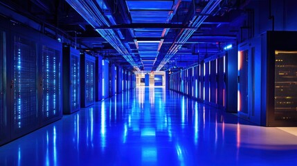 Fototapeta premium A modern data center with rows of servers illuminated by blue lighting.