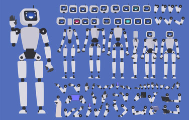 Robot character constructor. Chatbot with different body, arm and leg positions, set of emotions to create animation