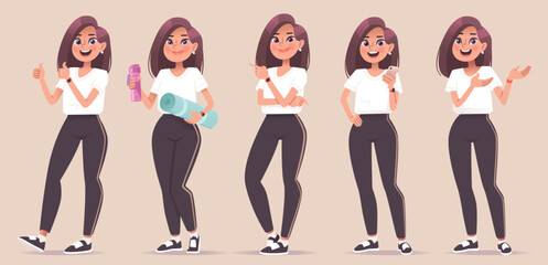 Set of girl character in sportswear. Young woman, online trainer or mentor for healthy lifestyle, in various poses and actions. Vector illustration