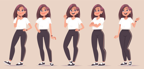 Set of girl character in sportswear. Young woman, online coach or mentor, in various poses and actions. Vector illustration