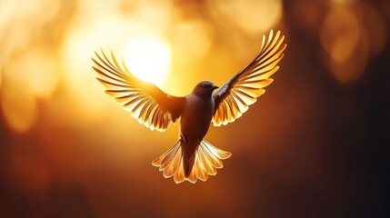 A close-up of a bird in flight during golden hour, its wings glowing in the sunlight as it soars against a vibrant, golden sky