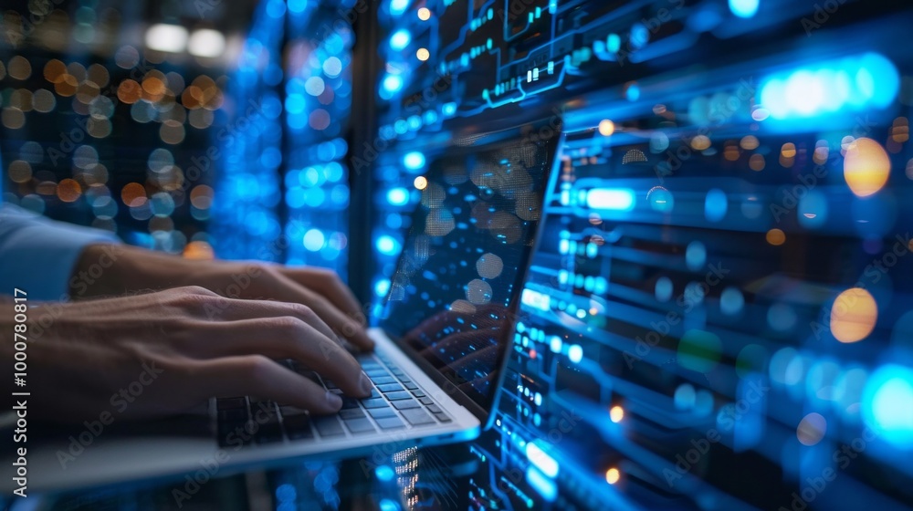 Poster A man is typing on a laptop in front of a large computer screen