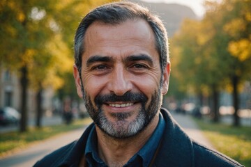Close portrait of a smiling 40s Armenian man looking at the camera, Armenian outdoors blurred background