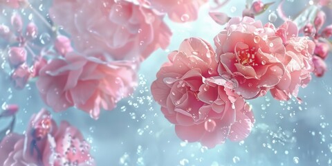 Pink Flowers Floating In Water With Bubbles