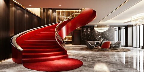 luxury red curve stairs in a modern hotel reception lobby with elegant ornaments and luxury chandelier 