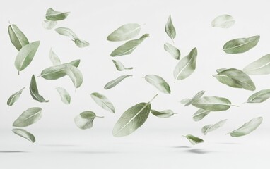 Floating Sage Leaves on White Background Generative AI