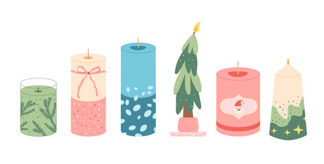 Set of Christmas scented candles. Vector hand drawn collection illustration isolated on white background.