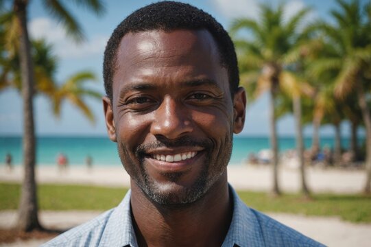 Close portrait of a smiling 40s Bahamian man looking at the camera, Bahamian outdoors blurred background