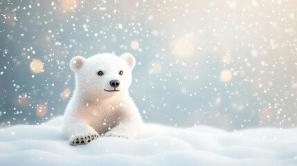 Fototapeta premium Polar bear cub playing in festive snow, winter wonderland, 3D illustration