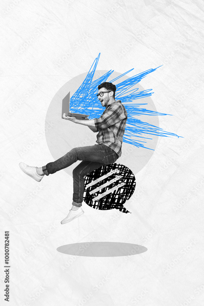 Poster composite sketch image trend artwork 3d photo collage of young man wow blogger sit hold laptop type 