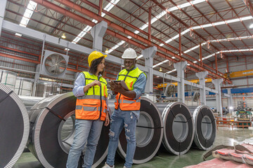 Two mechanical engineers from different cultures working together to check a steel making...
