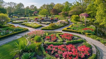 Obraz premium Beautiful Spring Garden with Fountain and Paths