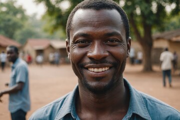 Obraz premium Close portrait of a smiling 40s Beninese man looking at the camera, Beninese outdoors blurred background