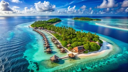 Obraz premium Aerial View of Tropical Paradise Island with Water Bungalows and Vibrant Coral Reef in Maldives