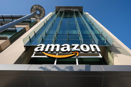 Palo Alto, CA, USA - Apr 30, 2022: Low angle view of the Amazon office building in Palo Alto, California. The Palo Alto location hosts A9 Search, Amazon Web Services and Amazon Game Studios teams.