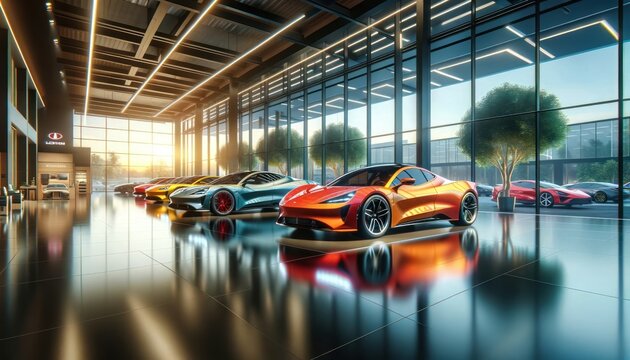 Modern Car Showroom with Luxury Sports Cars