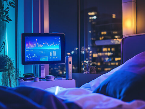 Bedroom with Smart Sleep Tracking Device and City Skyline View