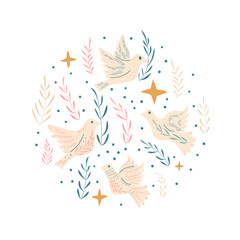 Doves of peace vector round set. Flying pigeon holding an olive branch and stars circular emblem. Vector hand drawn flat birds collection illustration isolated on white background.