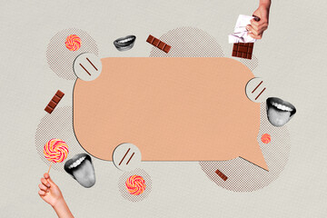 Composite photo collage of female hands mouth desserts cafe bar chocolate candy lollipop sweet meal...