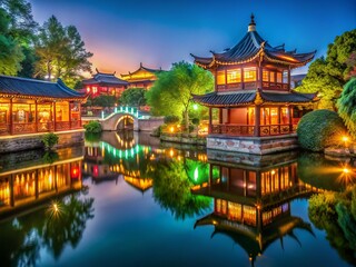 Fototapeta premium A peaceful scene features classic Chinese architecture nestled among vibrant greenery and serene waters, creating an
