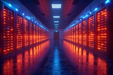 Fototapeta premium Futuristic Data Center Hallway with Illuminated Server Racks in Blue and Red Light