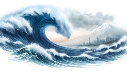 Large Tsunami Wave Approaching City Skyline with Mountain Backdrop Illustration