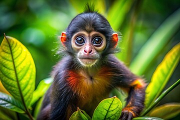 A playful baby spider monkey explores its vibrant rainforest habitat, curiously swinging through lush greenery,