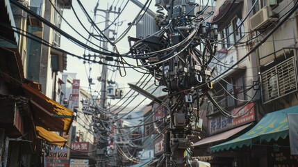 Obraz premium Urban Jungle: A Tangled Web of Wires in the City