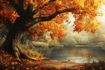 Majestic oak tree with vibrant autumn foliage frames a calm lake.
