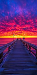 Fototapeta premium A stunning sunset paints the sky with colors as a wooden pier leads towards the calm ocean waters, illuminated by street lamps
