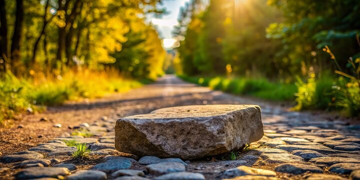 A rough stone stumbling block on a pathway symbolizing challenges and obstacles in life's journey
