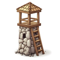 Stone and Wood Watchtower with Ladder and Roof   Cartoon Illustration